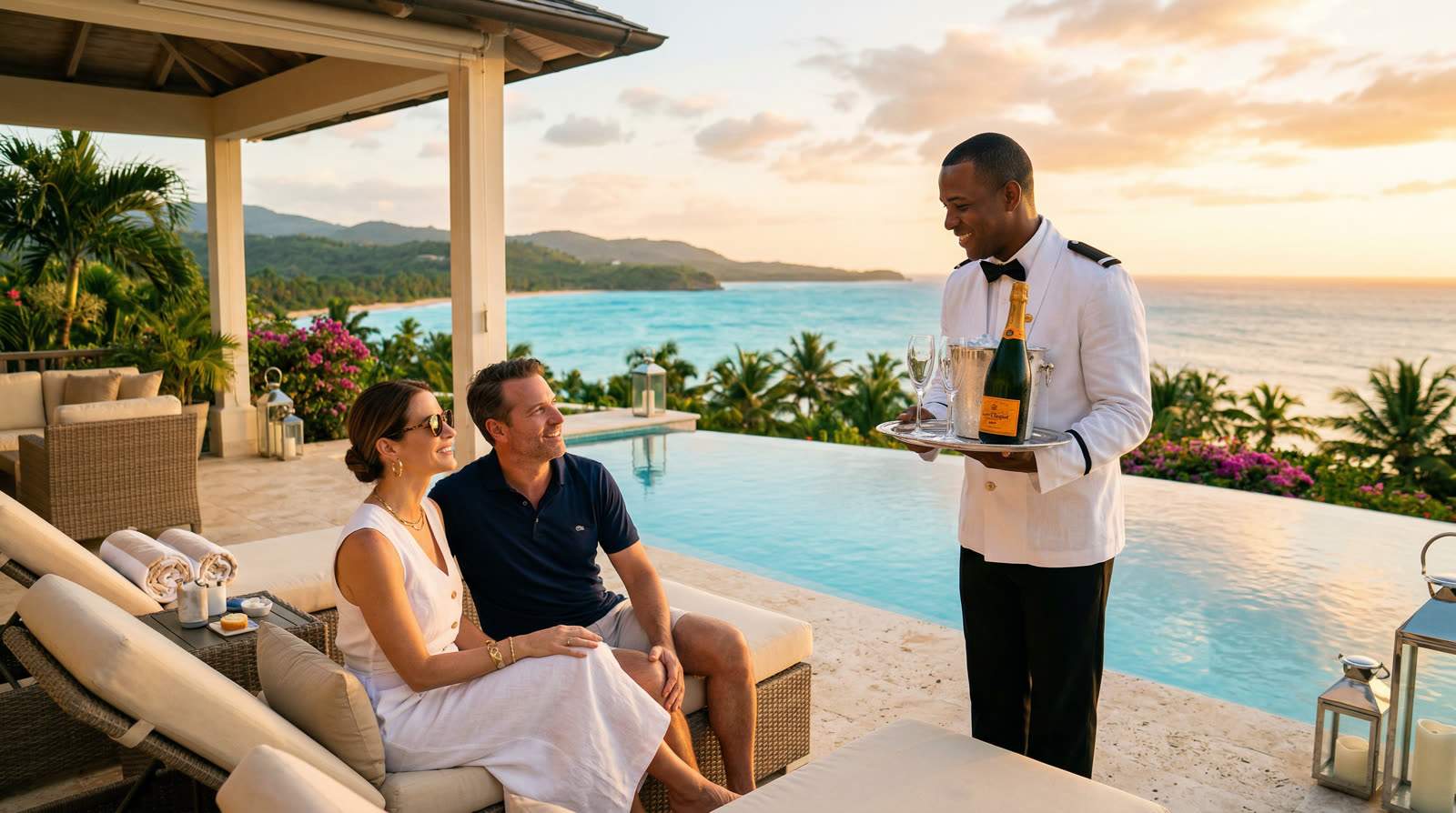 Concierge butler with champagne beside a luxury villa pool at sunset