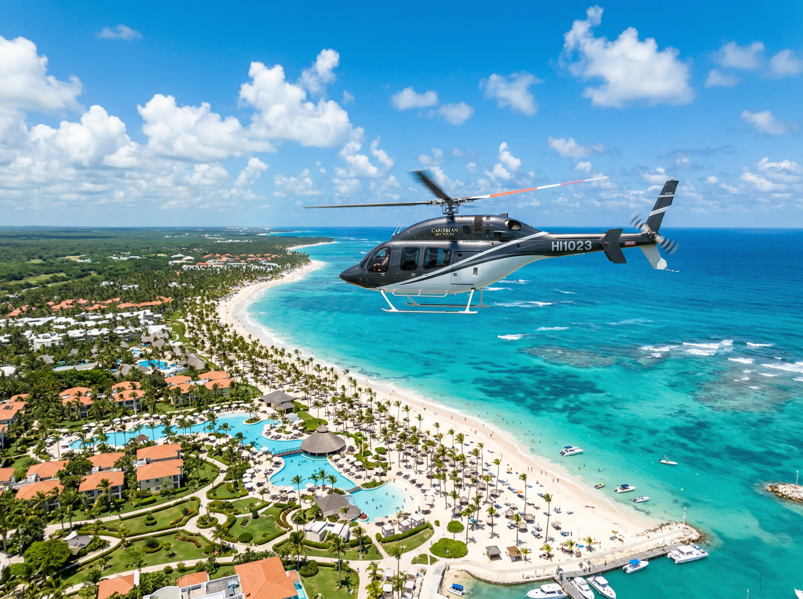 Helicopter soaring above turquoise Caribbean reefs and luxury villas in Dominican Republic
