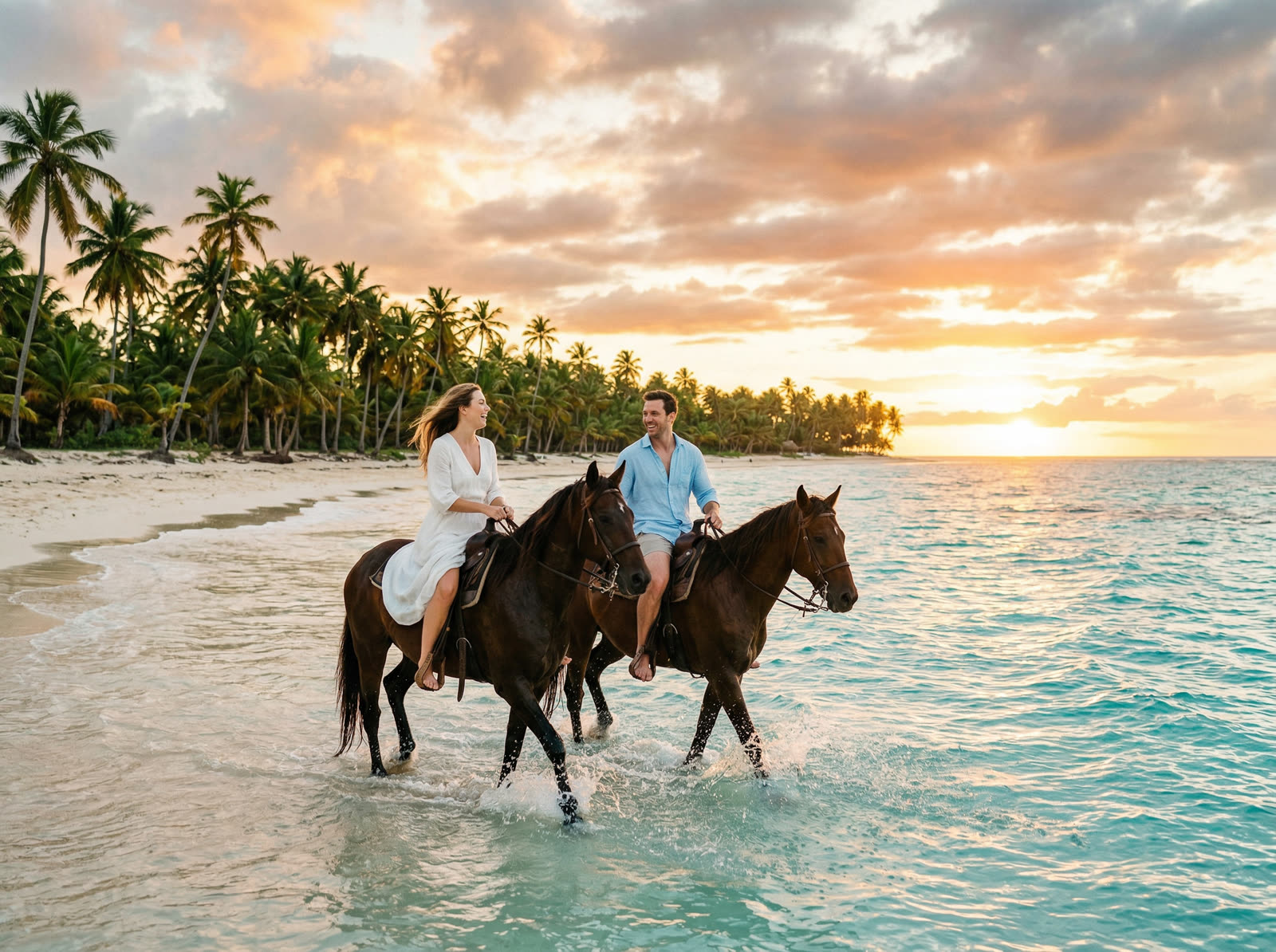Horses galloping on a wild Dominican Republic beach before swimming in the Caribbean