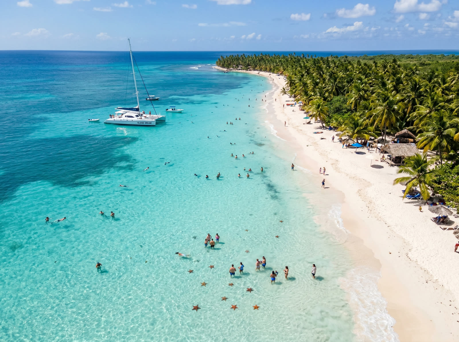 Aerial view of Saona Island turquoise waters and white sand beach Dominican Republic