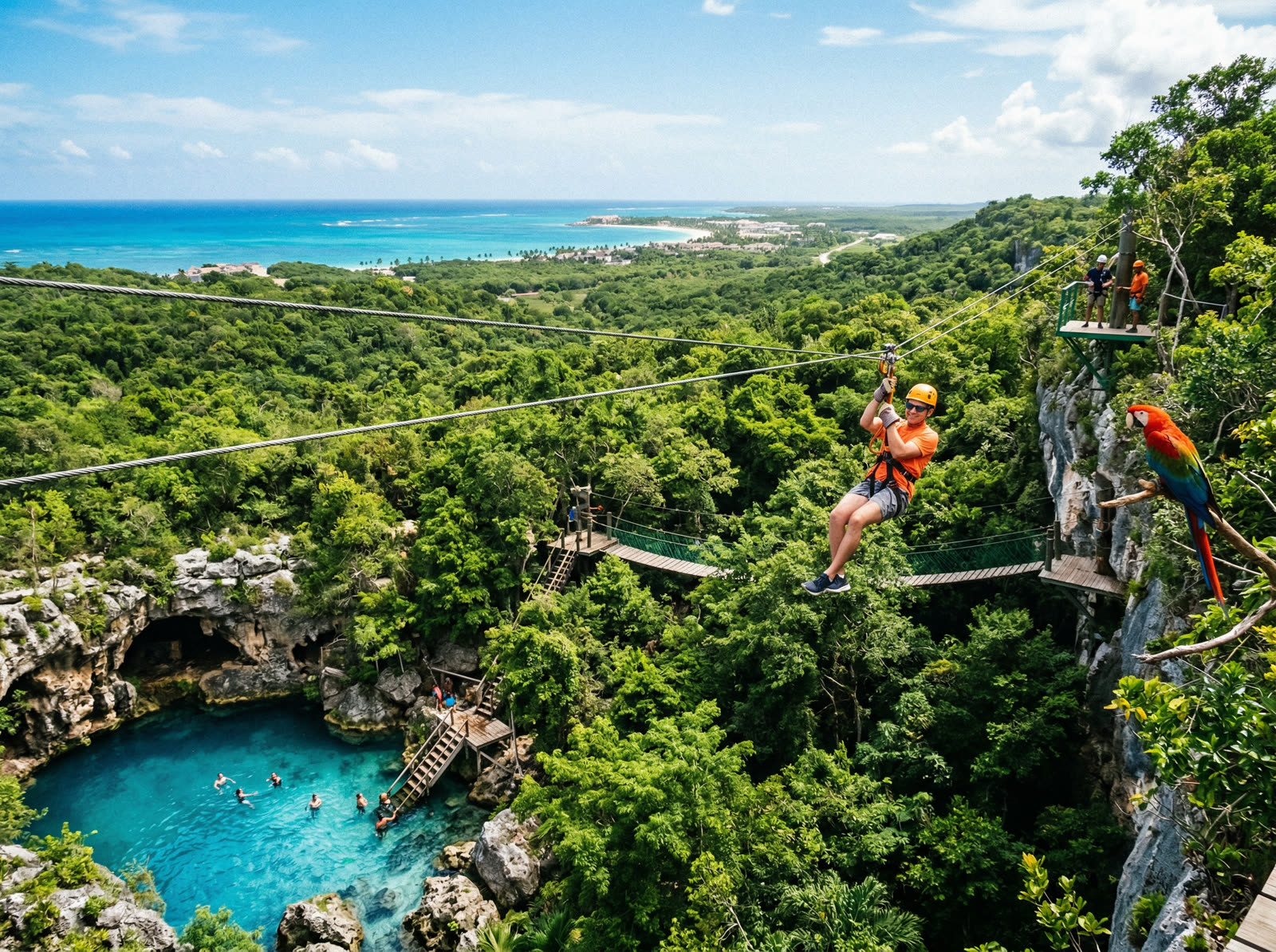 Aerial view of Scape Park zip line over Caribbean cenote in Cap Cana