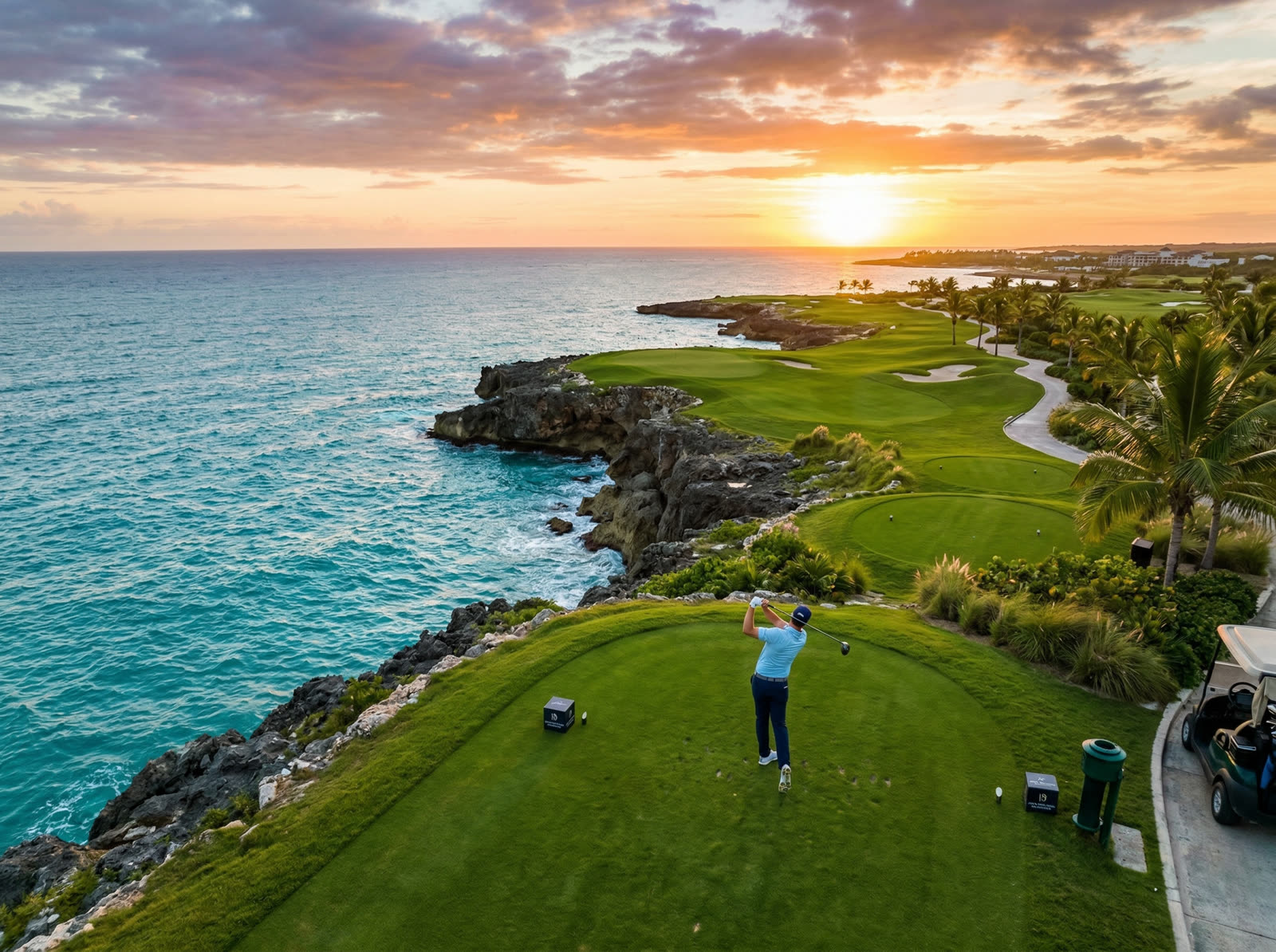 Oceanfront golf course at sunset in the Dominican Republic — Punta Espada style