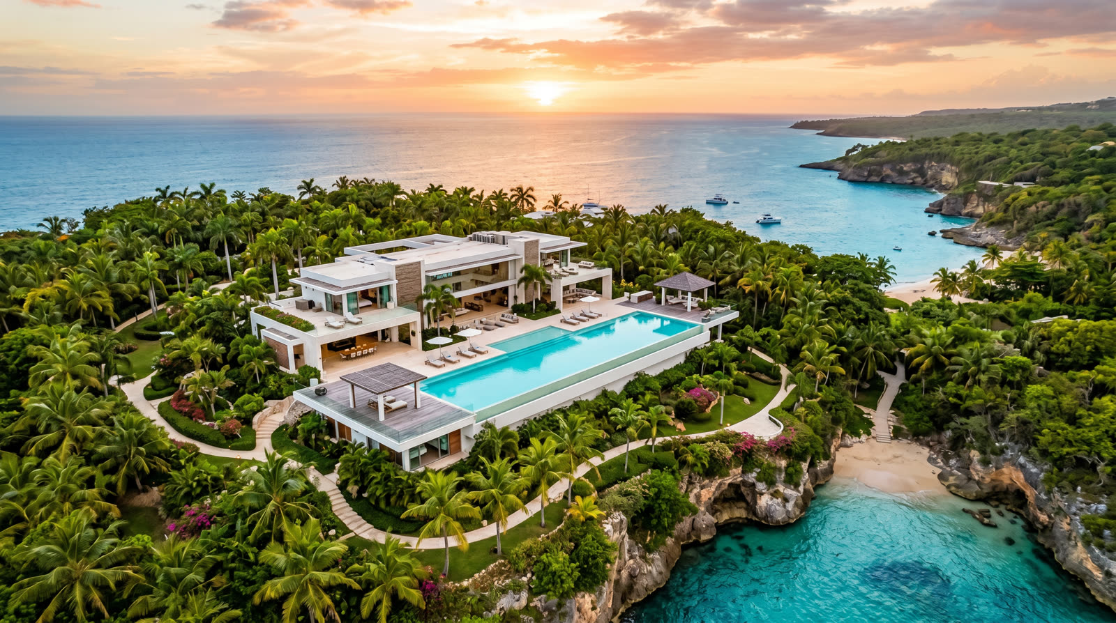 Aerial view of a luxury villa with infinity pool overlooking the Caribbean ocean