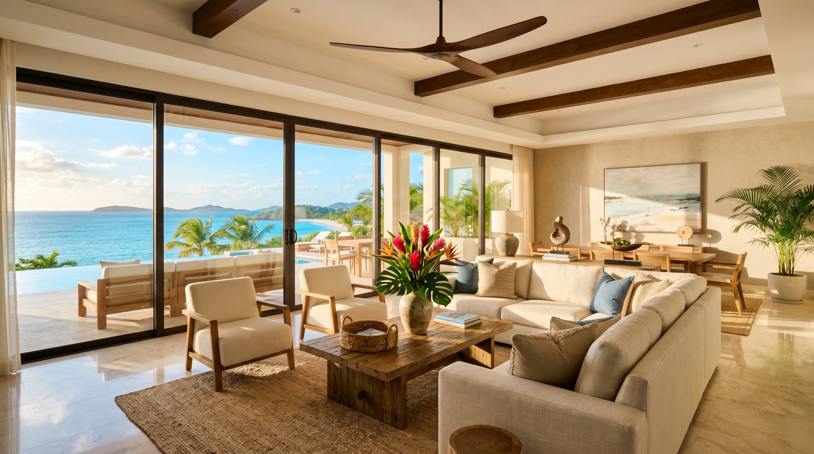 Luxury villa interior with ocean view, contemporary furnishings and tropical décor