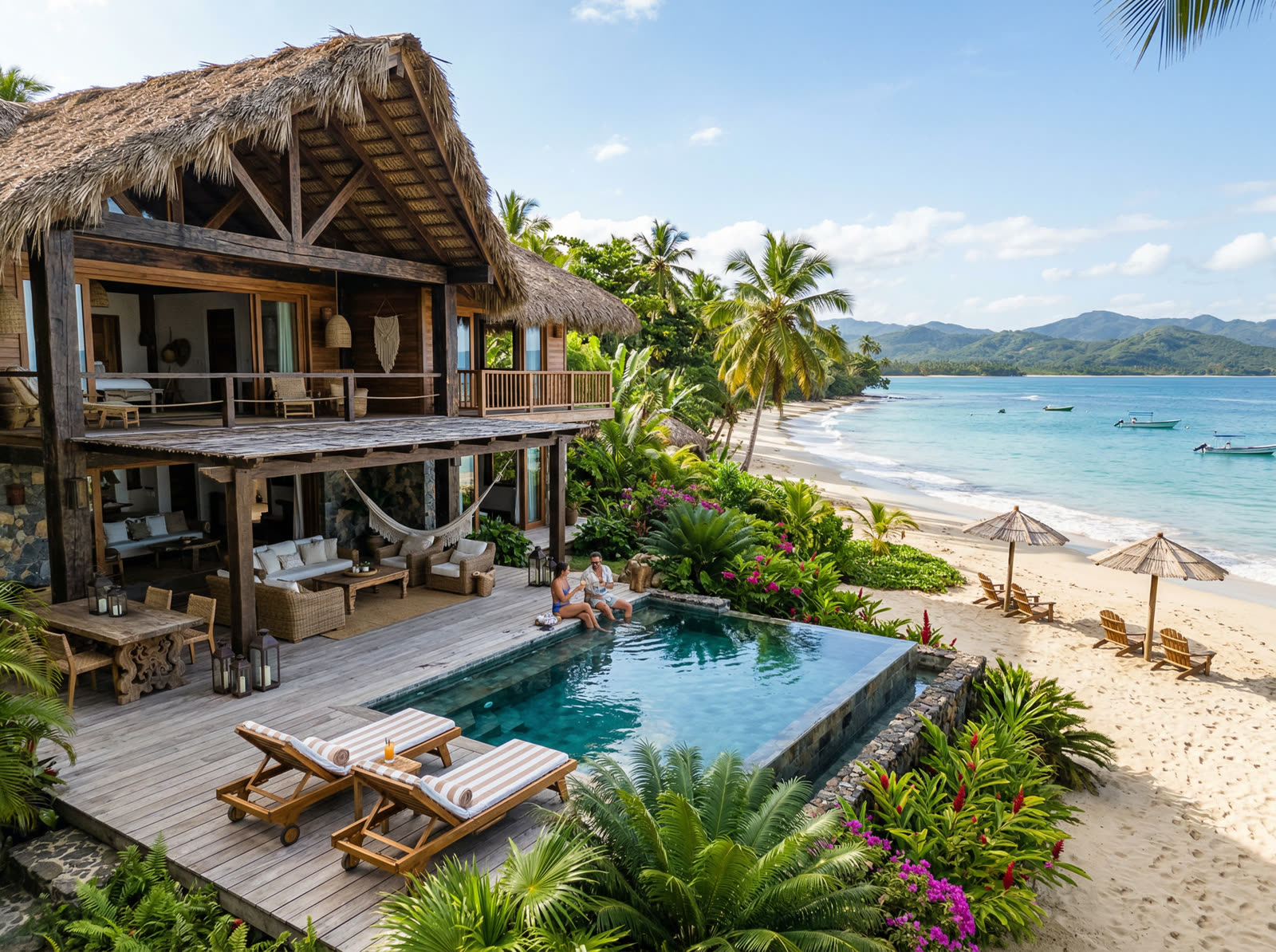 Bohemian luxury beachfront villa in Las Terrenas with plunge pool and white sand