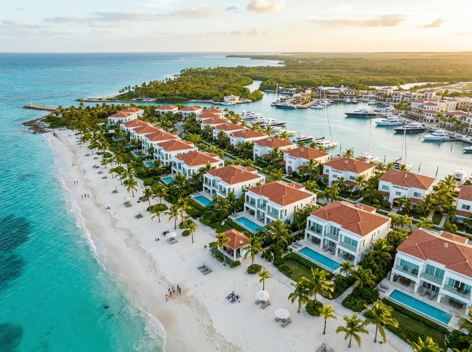 Aerial view of luxury villas and marina in Cap Cana, Dominican Republic