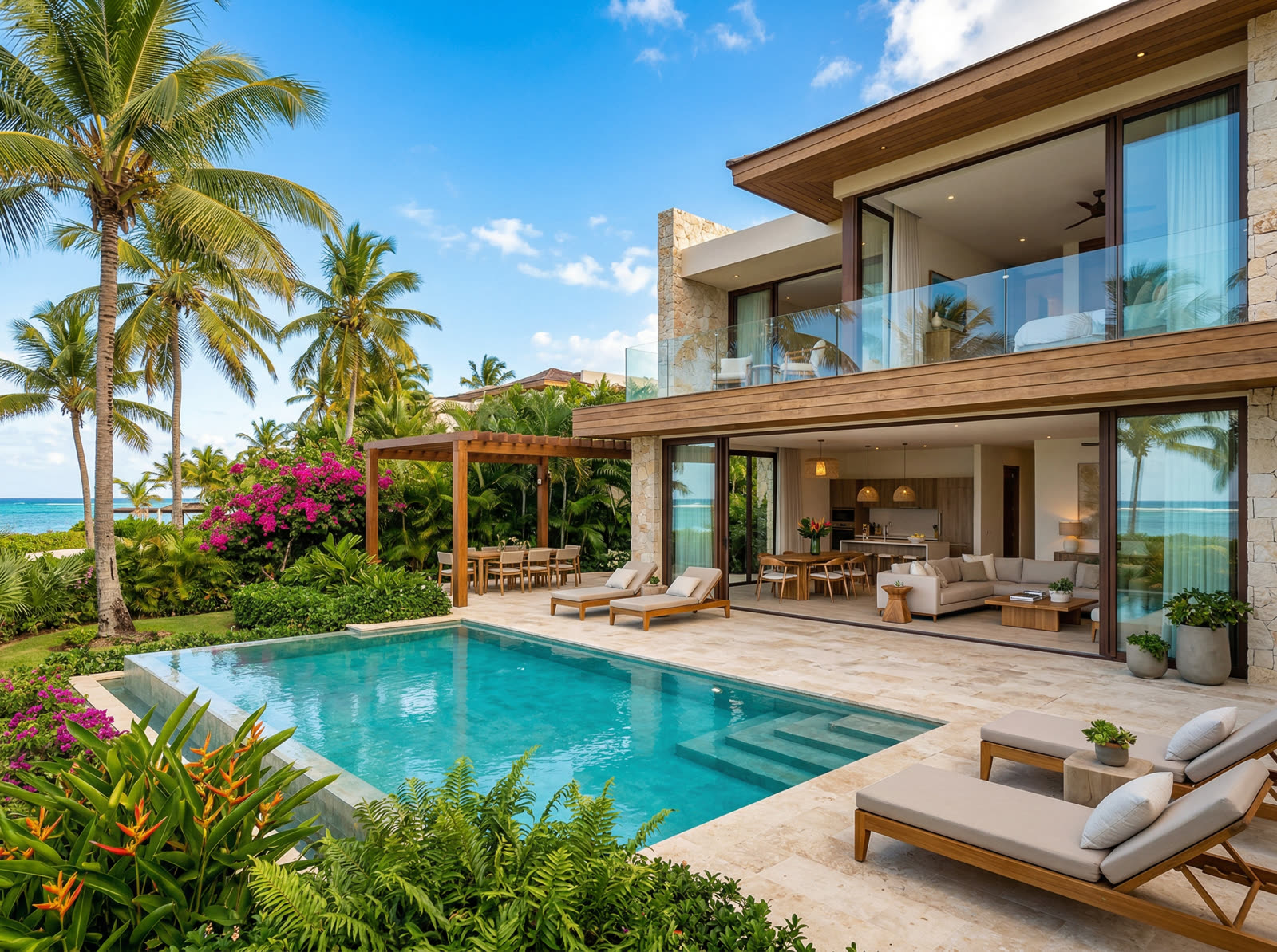 Modern tropical villa with pool in Punta Cana surrounded by palm trees