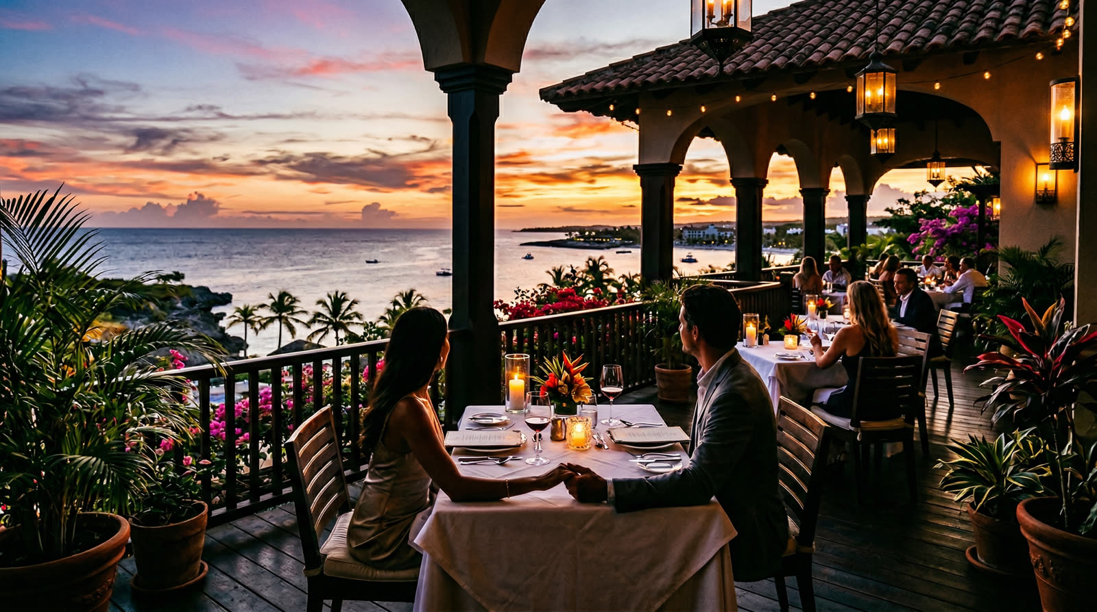 Elegant oceanfront fine dining terrace at sunset in the Dominican Republic