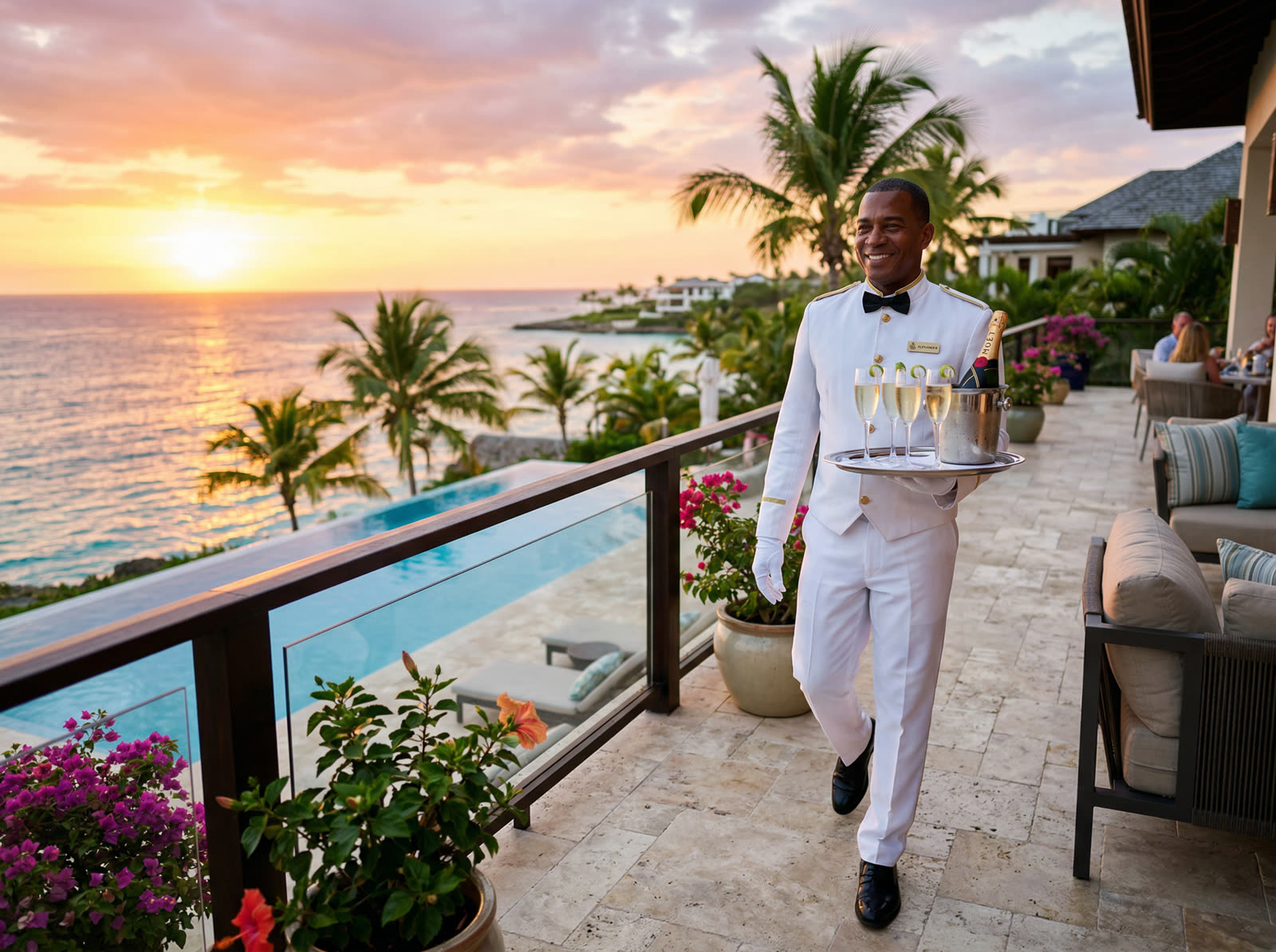 Private butler serving champagne on a luxury villa terrace in the Dominican Republic