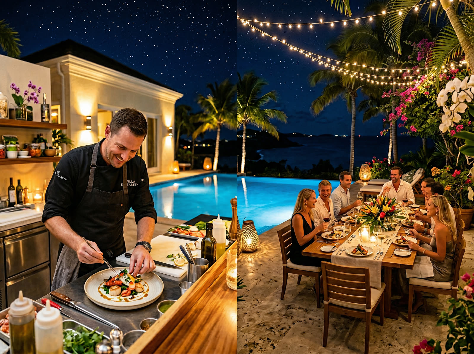 Private chef preparing gourmet dinner at outdoor terrace in the Dominican Republic