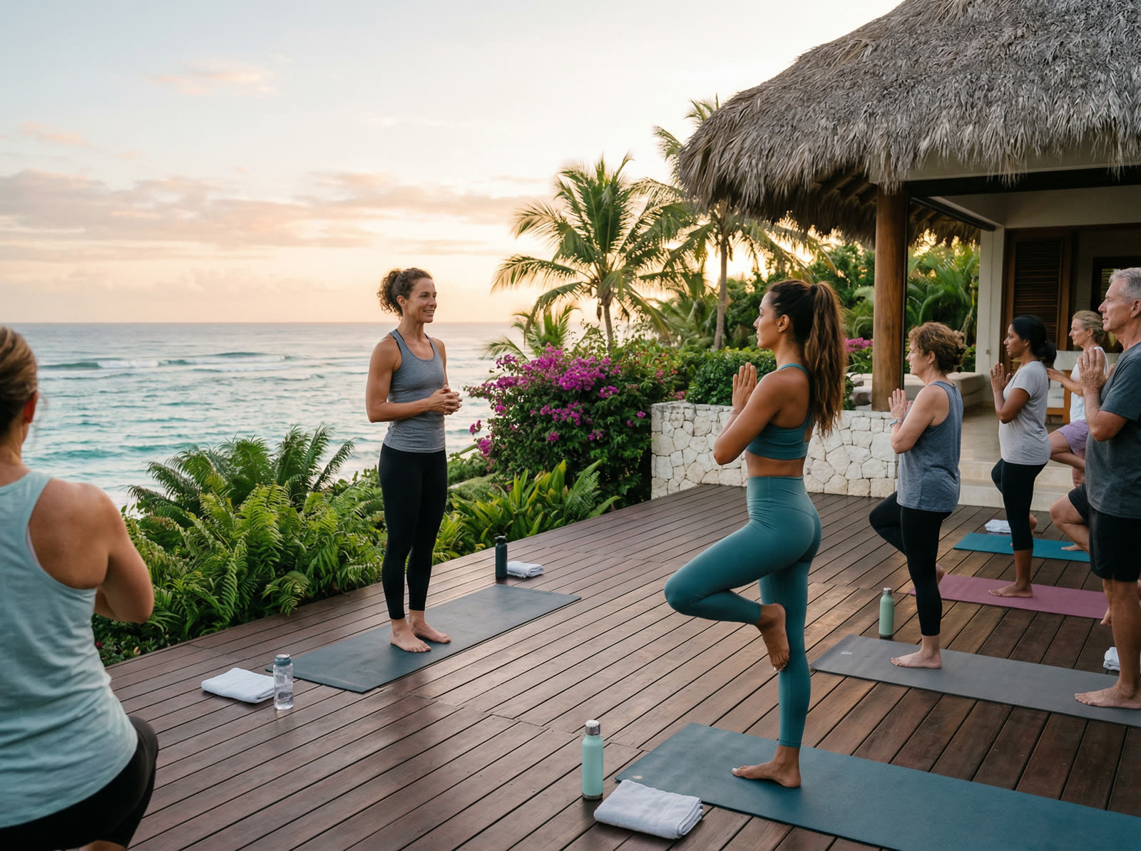 Personal trainer leading an in-villa workout session with Caribbean ocean backdrop