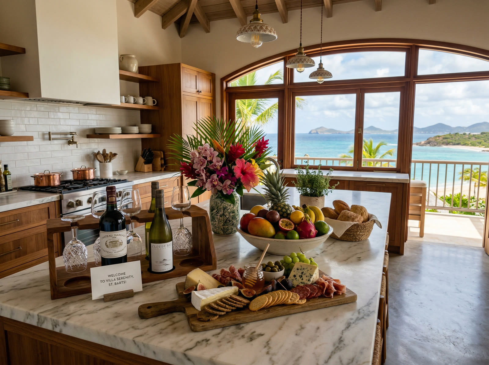 Gourmet groceries and wine selections pre-stocked in a luxury villa kitchen