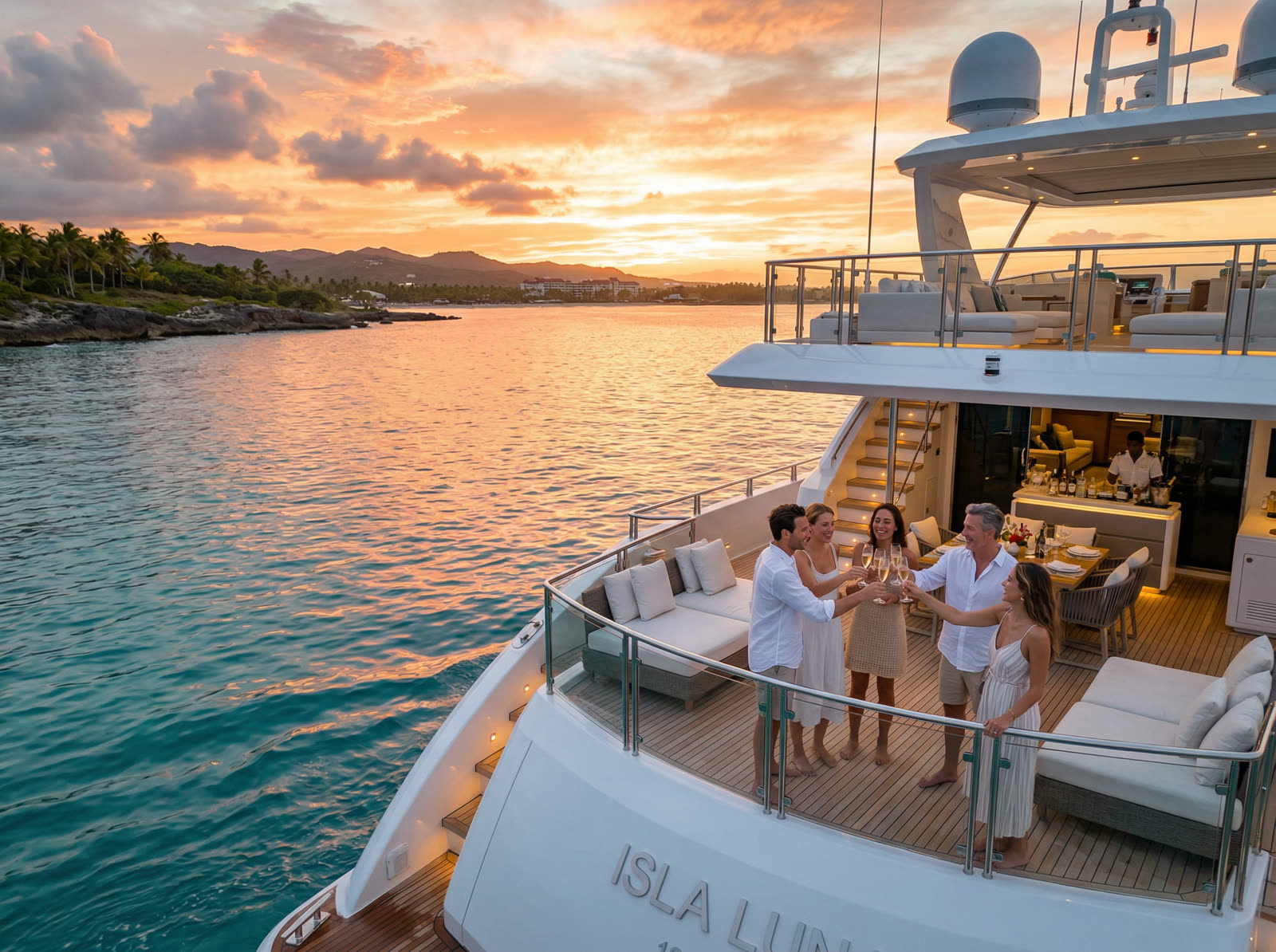 Luxury private yacht sailing at sunset in Caribbean waters